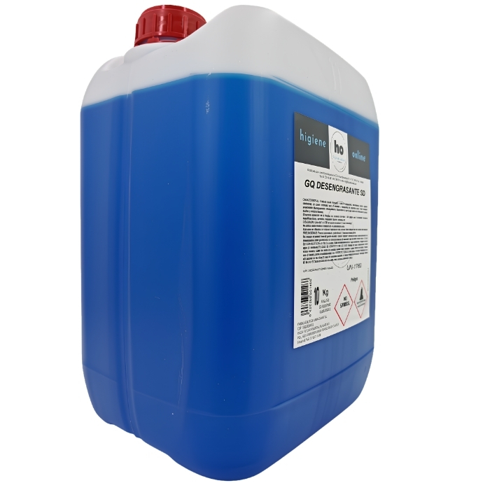 Envase de 10kg de GQ Desengrasante SD vista desde la izquierda con asa ergonómica reforzada para transporte profesional