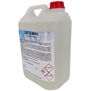 Envase de 5 litros de DECA MAX decapante alcalino vista desde la izquierda con asa ergonómica